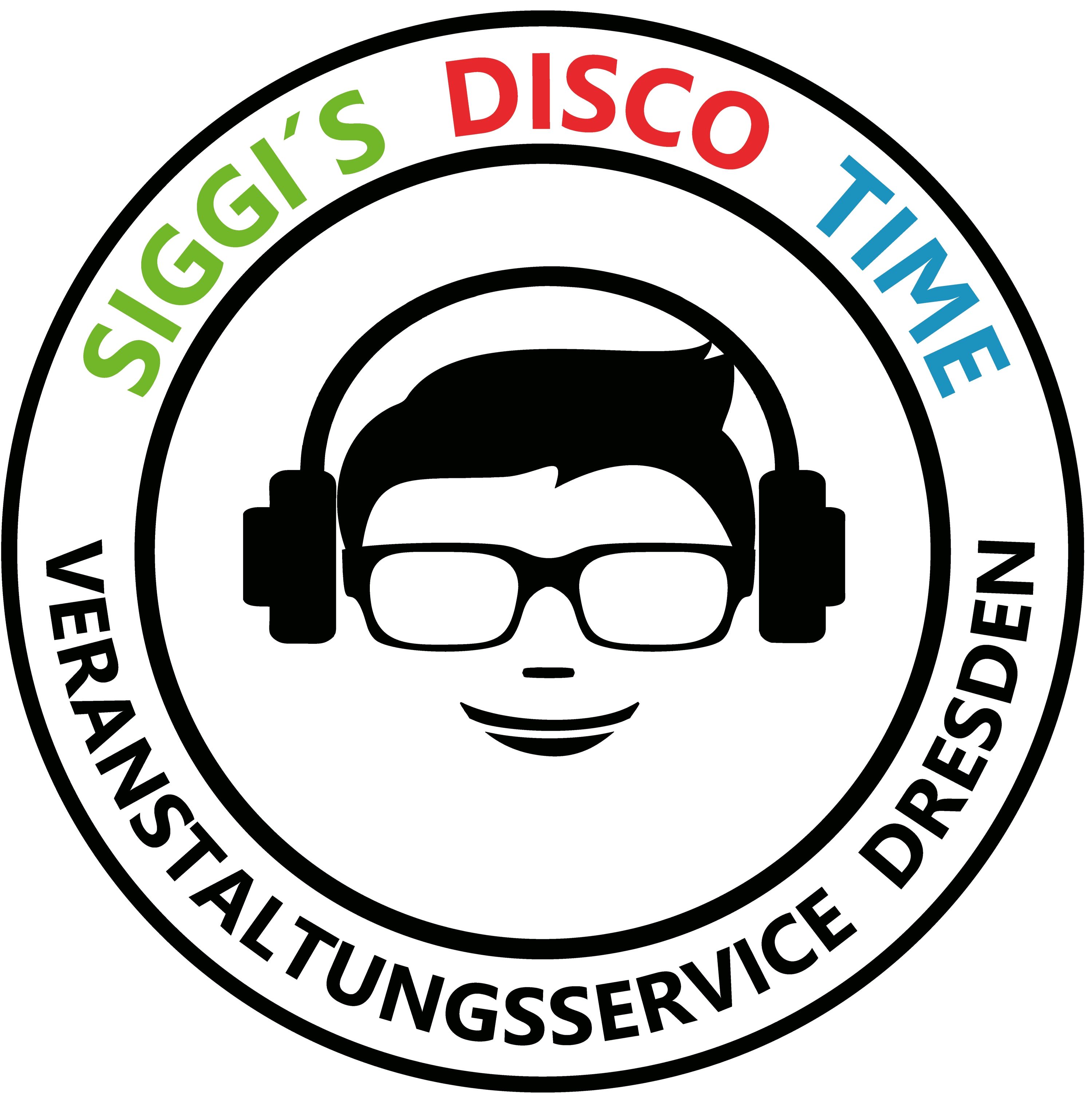 Logo Siggi´s Disco Time, Gesicht mit Kopfhörern und Schrift oben und unten